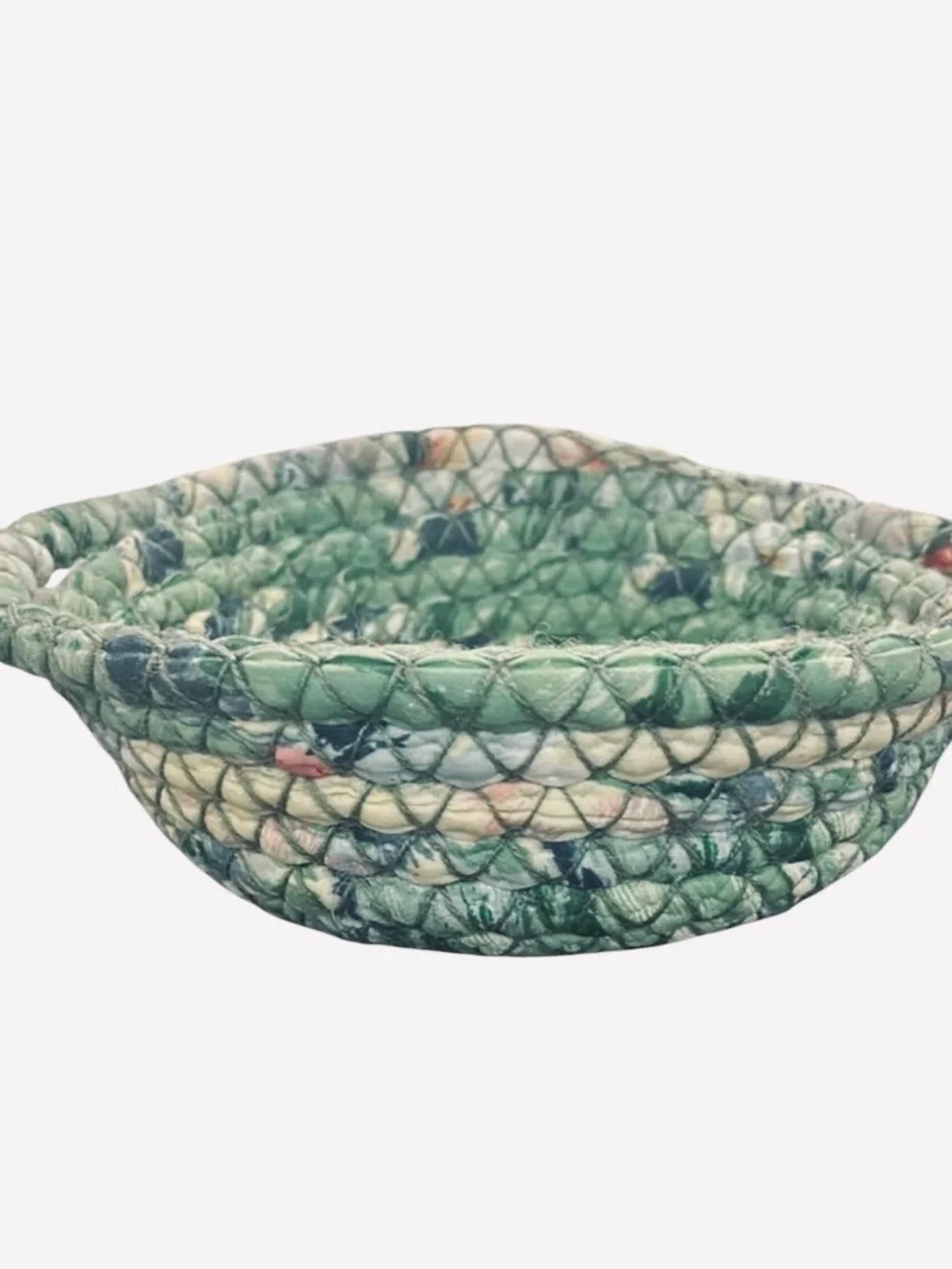 Vintage green braided rag rug basket with handles